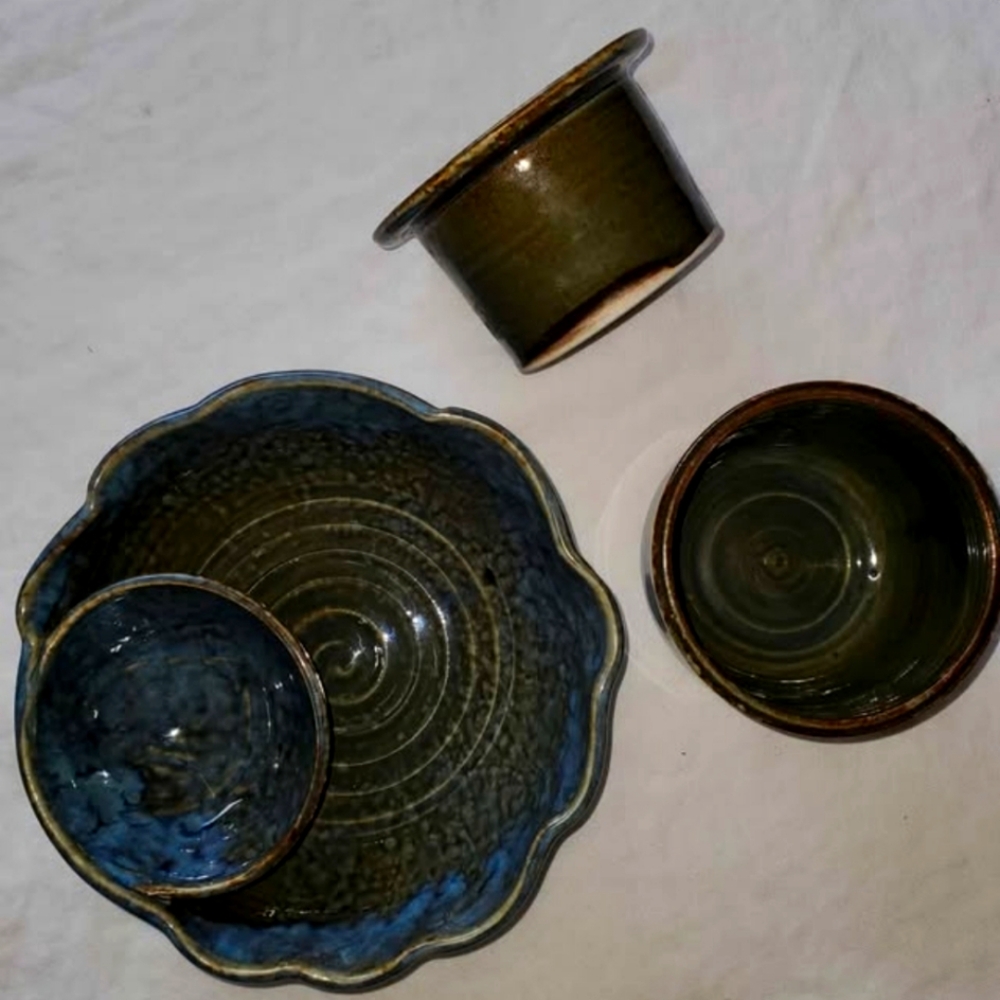 Handcrafted Ceramic Chip and Dip Bowl and Butter-bell. Blue and Brown